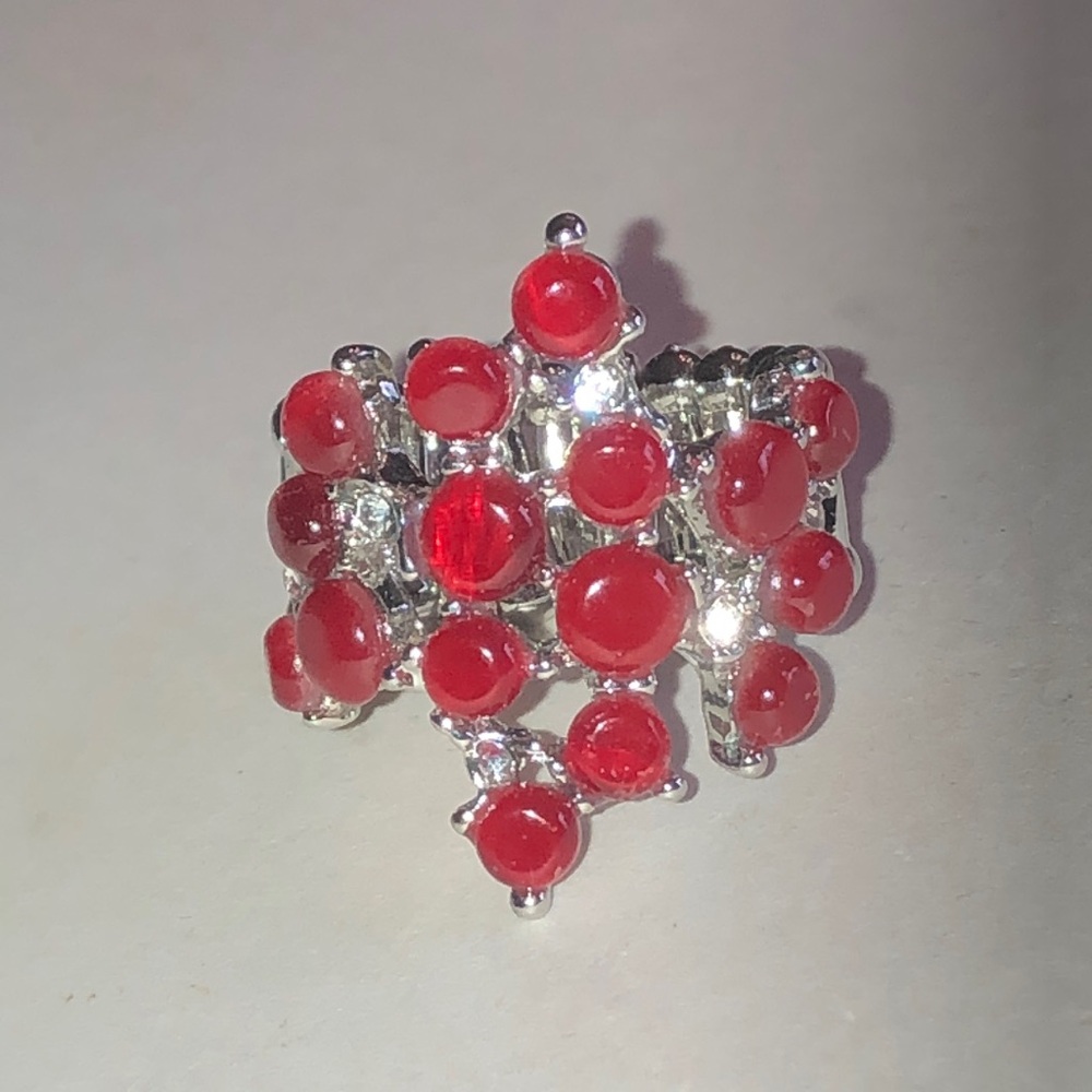 Red Cluster Silver Tone Boho Statement Ring